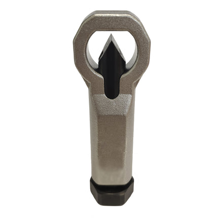 A mechanical nut splitter tool with a flat edge to prevent nuts spinning whilst being split- designed to split 8-24mm nuts