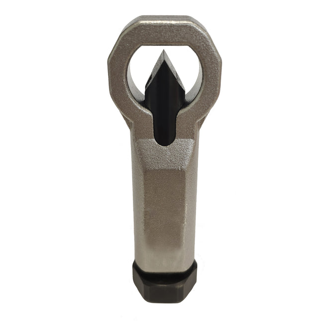 A mechanical nut splitter tool with a flat edge to prevent nuts spinning whilst being split- designed to split 8-24mm nuts