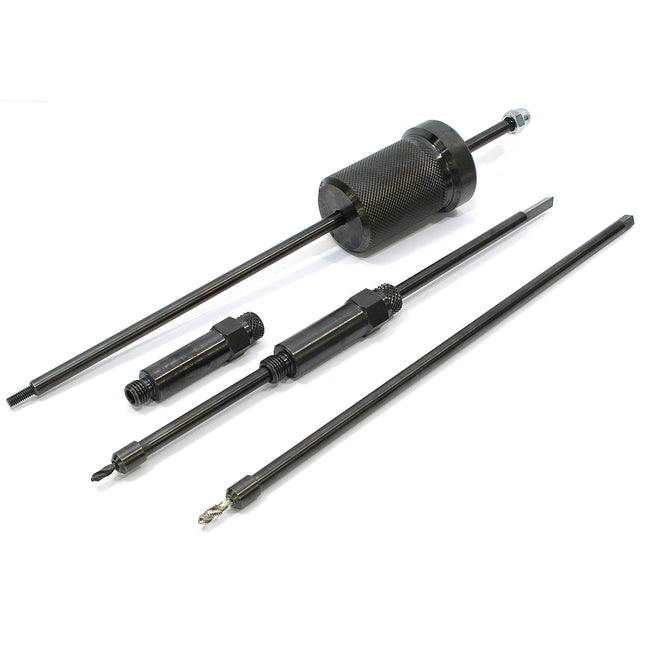 A set of black metal glow plug tip extraction tools of various sizes laid out on a white background.