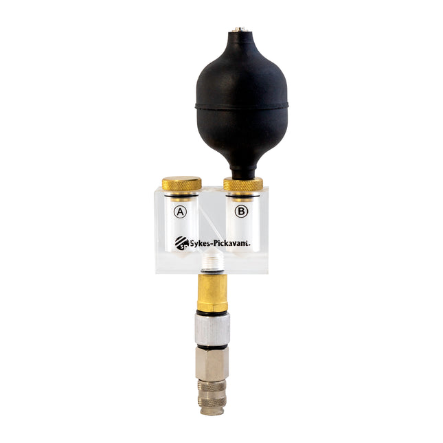 A Sykes Pickavant 33195000 Combustion Leakage Tester with a black bulb, see through body, and a connector