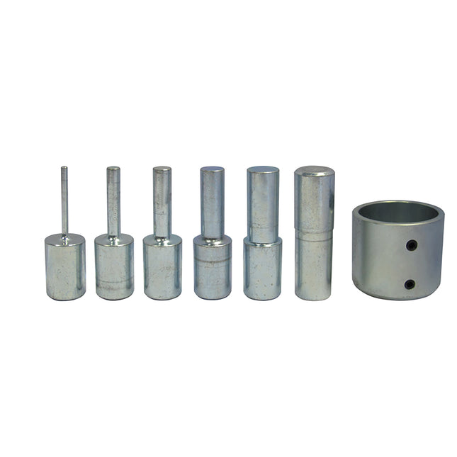 A set of metal press pieces of various sizes and a adaptor, used for hydraulic workshop press applications.