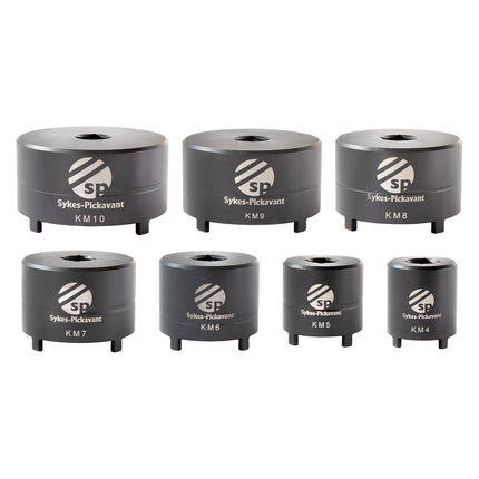 A set of six black KM sockets with the Sykes Pickavant brand and model number KM labeled on the side.