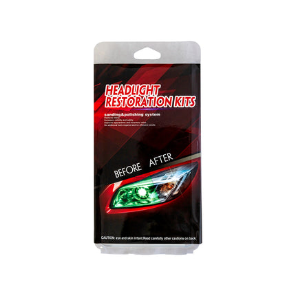 Packaging of a headlight restoration kit with 'Before' and 'After' comparison on a white background.