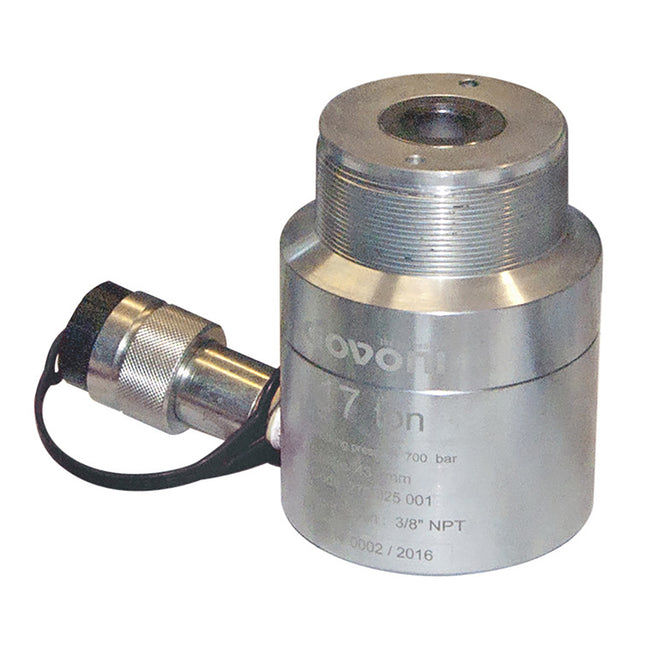 A hydraulic cylinder with a silver finish, marked with the brand name Govoni, and specifications such as force in tonnes, stroke, dimensions, pressure, and connection details.