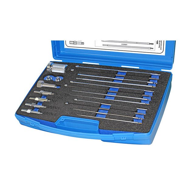 A set of glow plug tip extraction tools GO452 in various sizes, neatly arranged in a blue carrying case with foam inserts.