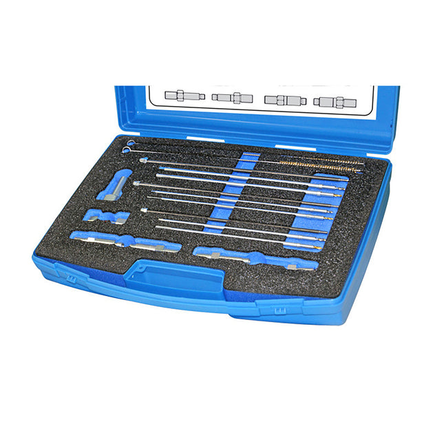 A set of engine service tools for glow plug removal, including various drill extensions, tap extensions, and an extraction rod, displayed in an open blue case with black foam lining.